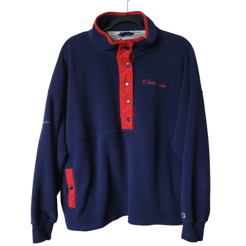Champion Navy Fleece Pullover with Red Snap Placket